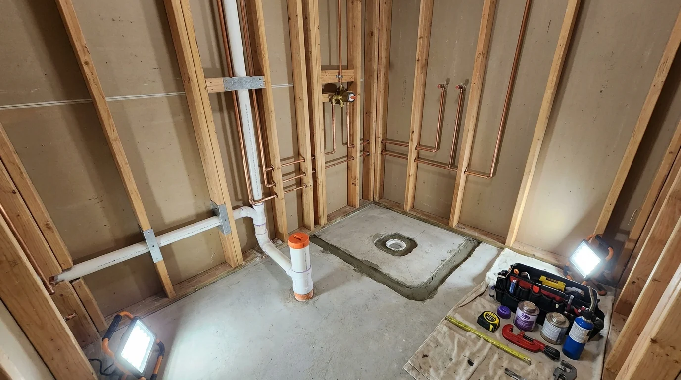Bathroom rough-in plumbing during remodel by Johns Plumbing LLC in Indiana