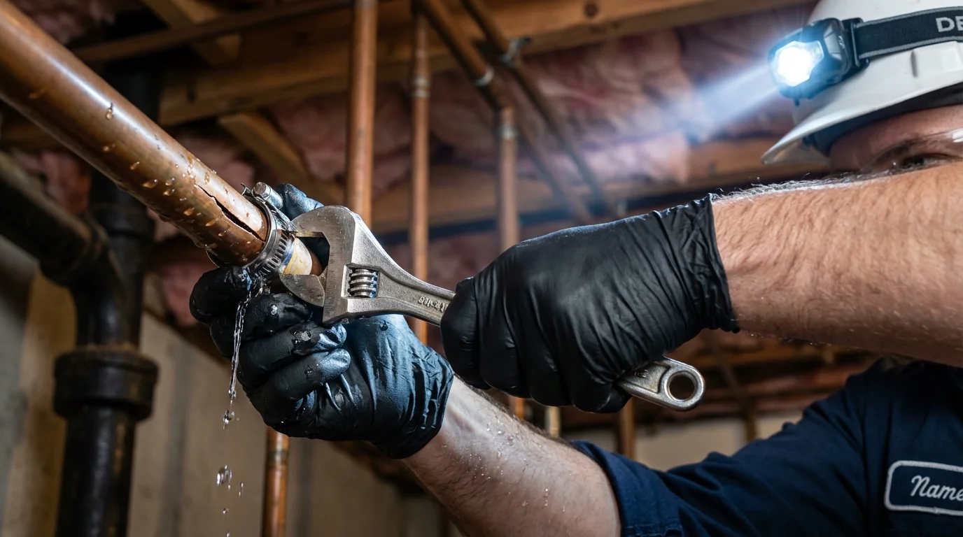 Emergency pipe clamp repair being performed by a Johns Plumbing LLC plumber in Indiana
