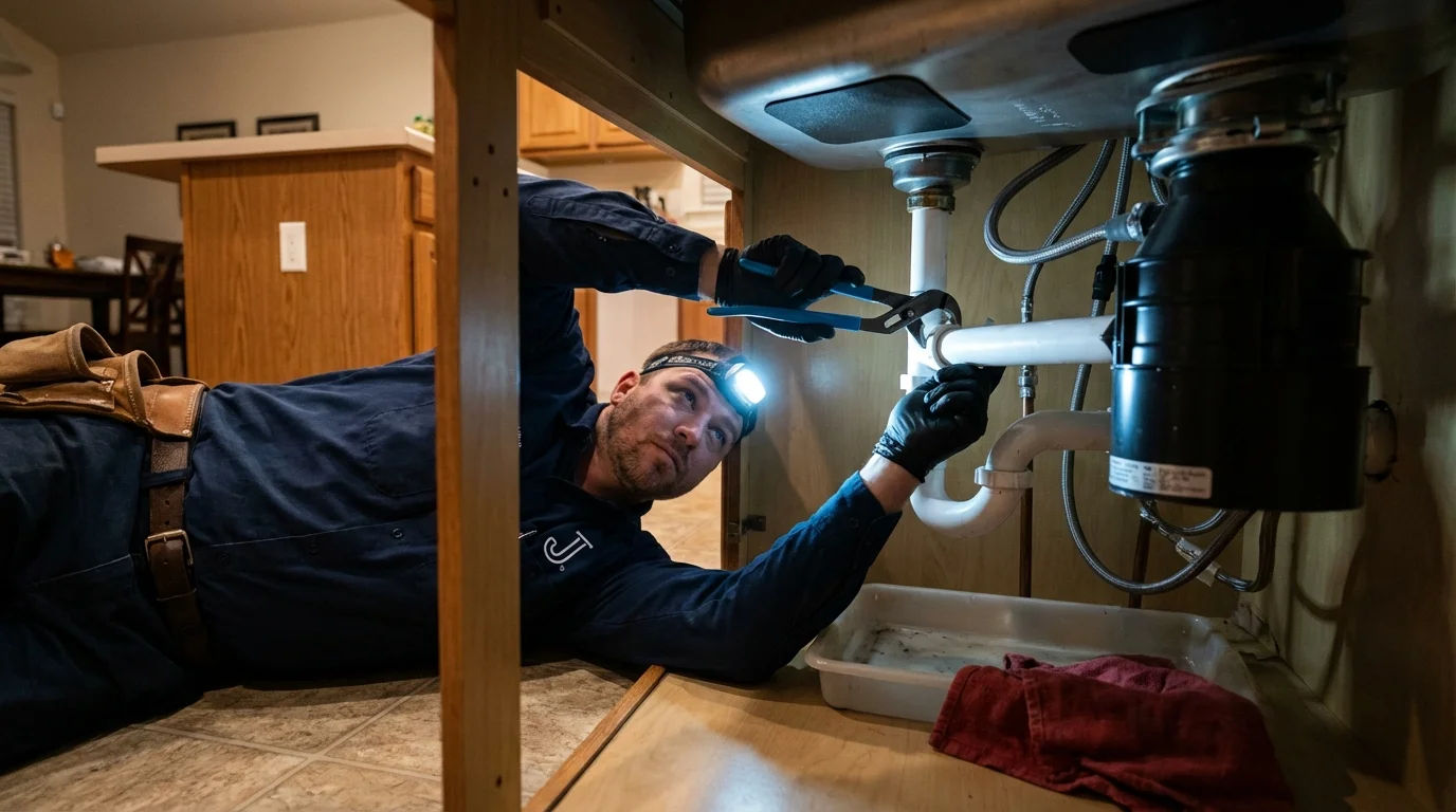P-trap and supply line connections under a kitchen sink showing a common leak point in Indiana, PA